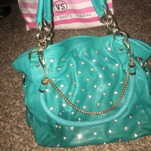 Teal and gold over the shoulder purse